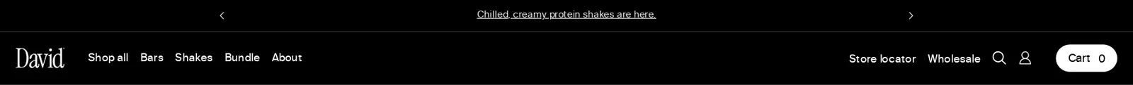 David top bar reading Chilled, creamy protein shakes are here, above the navigation with Shop all, Bars, Shakes, Bundle, About, Store locator and Wholesale