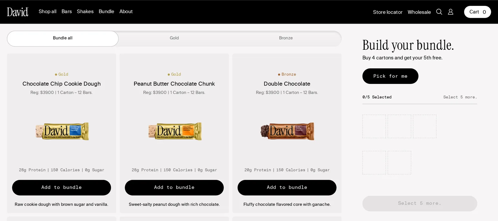 David Build a Bundle page with a grid of bar flavors, each showing Reg $39.00, 1 Carton 12 Bars, protein, calories and sugar and an Add to bundle button, next to a Build your bundle panel with Pick for me and 0/5 Selected