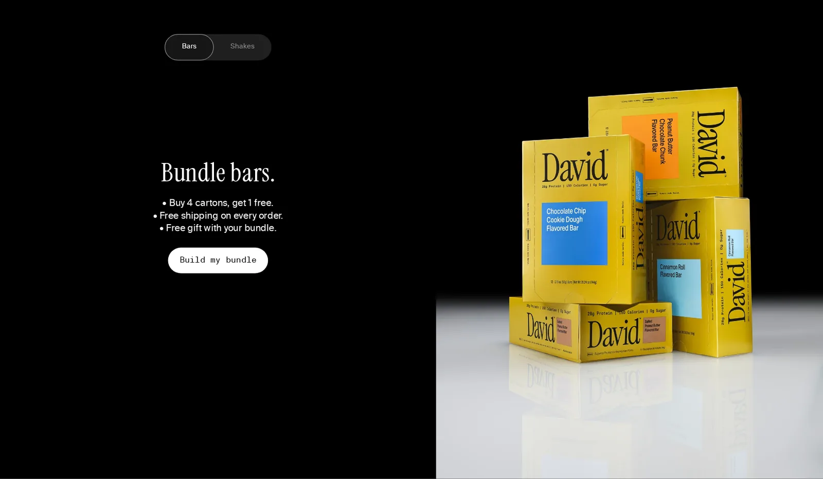 David homepage Bundle bars block with three lines: Buy 4 cartons, get 1 free. Free shipping on every order. Free gift with your bundle. and a Build my bundle button next to a stack of cartons