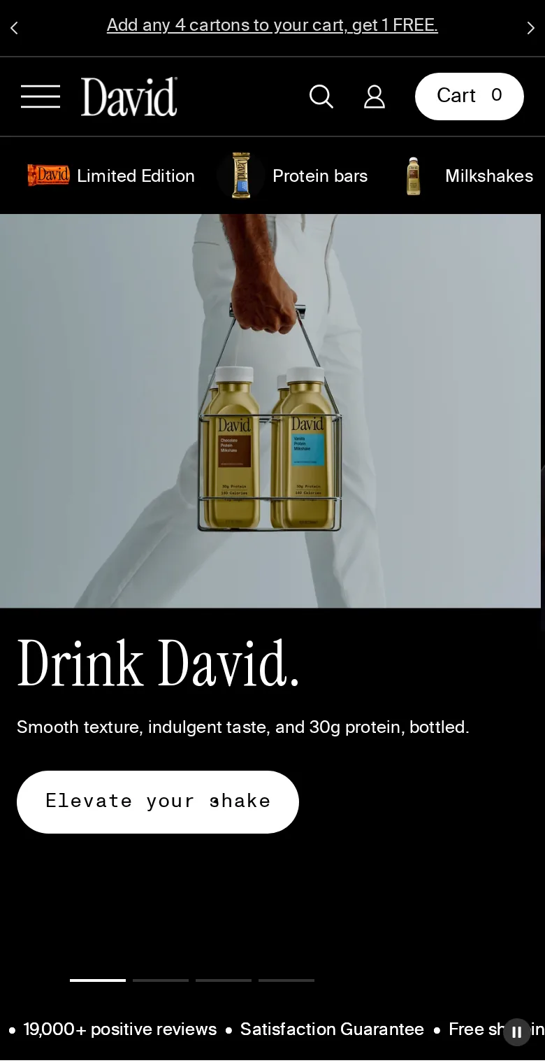 David homepage on a phone with the top bar, logo, category chips for Limited Edition, Protein bars and Milkshakes, the shake hero and an Elevate your shake button