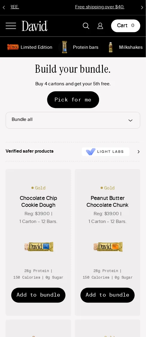 David Build a Bundle page on a phone with Build your bundle, Pick for me, a Light Labs badge and the first flavor cards with Add to bundle buttons