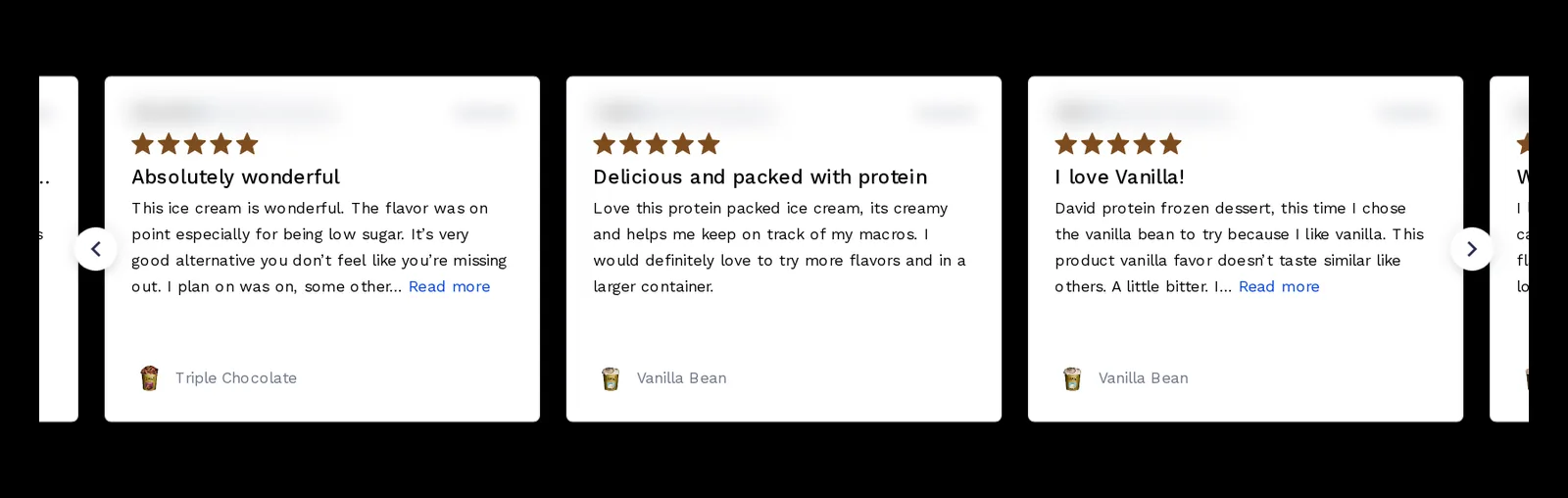 David homepage review cards with five-star ratings, titles like Absolutely wonderful and Delicious and packed with protein, and the product each review is about, reviewer names blurred