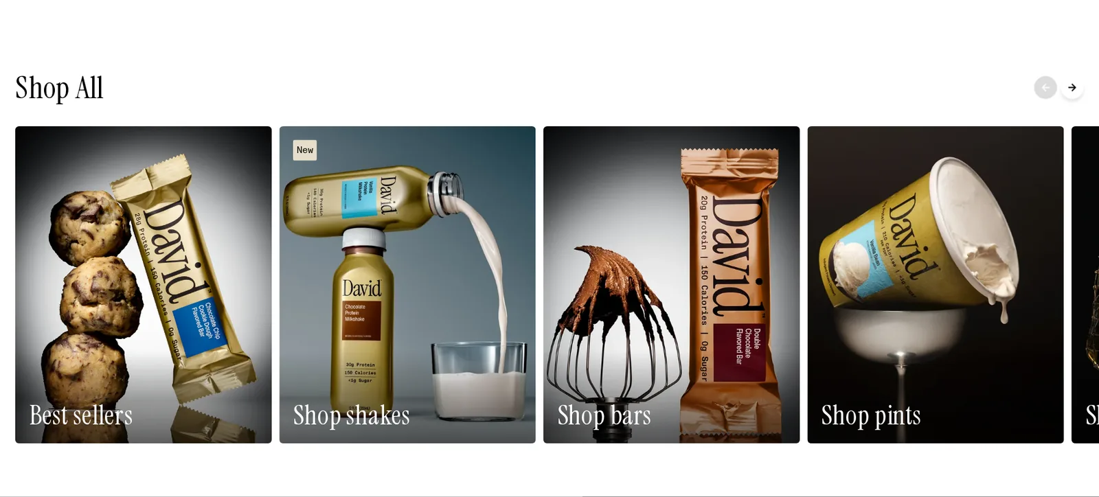David homepage Shop All row with photo tiles for Best sellers, Shop shakes, Shop bars and Shop pints