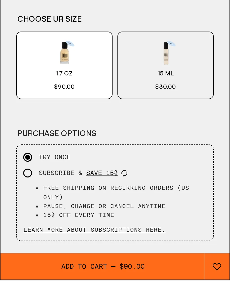 Mocha Magic buy box with two size cards, 1.7 ounces at $90 and 15 milliliters at $30, purchase options for try once or subscribe and save 15%, and an orange Add to Cart button