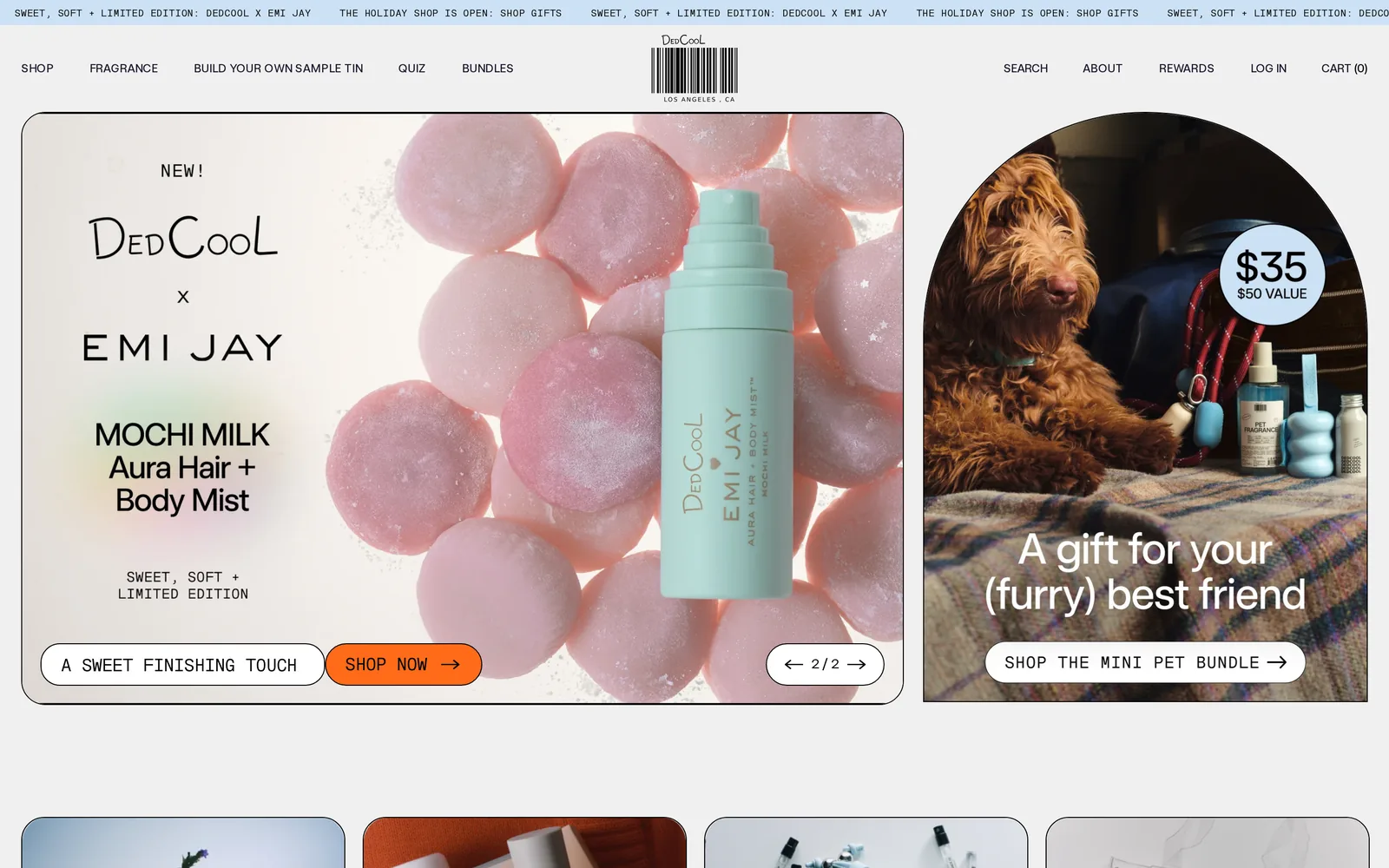 DedCool homepage first screen with a pink DedCool x Emi Jay Mochi Milk Aura Hair and Body Mist slide and a tile for a pet gift bundle marked $35 with a $50 value