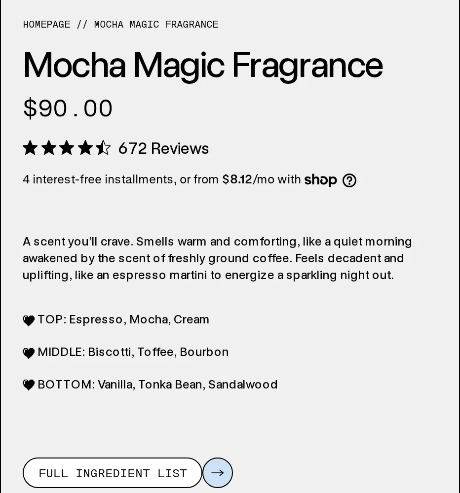Mocha Magic Fragrance product page with the price of $90, 672 reviews, a description comparing the scent to freshly ground coffee and an espresso martini, and notes of espresso, mocha, cream, biscotti, toffee, bourbon, vanilla, tonka bean and sandalwood