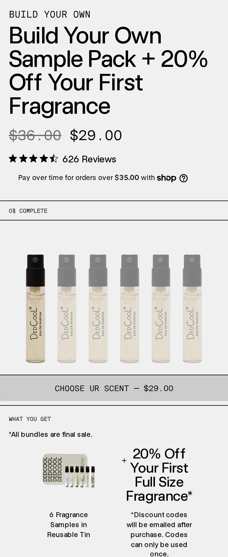 DedCool Build Your Own Sample Pack page on a phone with the title Build Your Own Sample Pack plus 20% Off Your First Fragrance, $36 crossed out to $29, 626 reviews, six sample vials and a line offering 20% off the first full-size fragrance