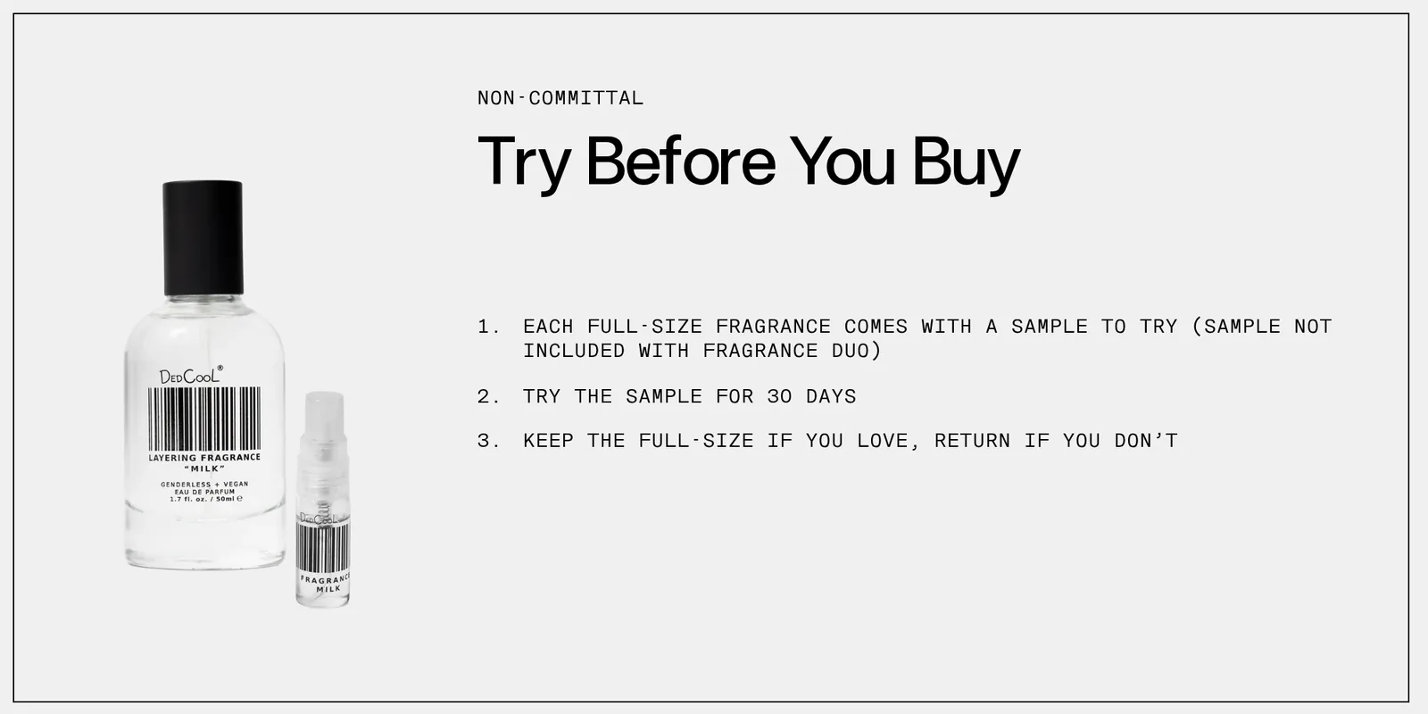 DedCool product page block headed Non-committal, Try Before You Buy, with a full-size bottle beside a small sample vial and three steps: each full-size fragrance comes with a sample, try the sample for 30 days, keep the full-size if you love it or return it if you don't