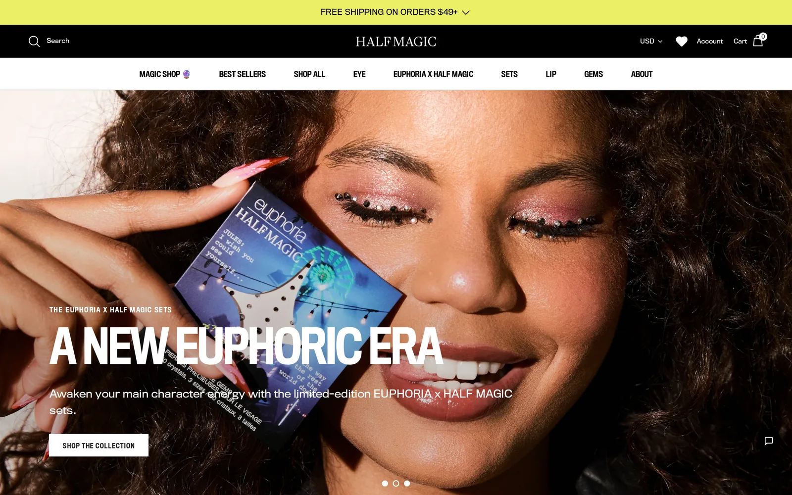 Half Magic homepage first screen on Oct 30, 2026 with a hero slide for the Euphoria x Half Magic sets reading A new euphoric era, and a menu that starts with Magic Shop