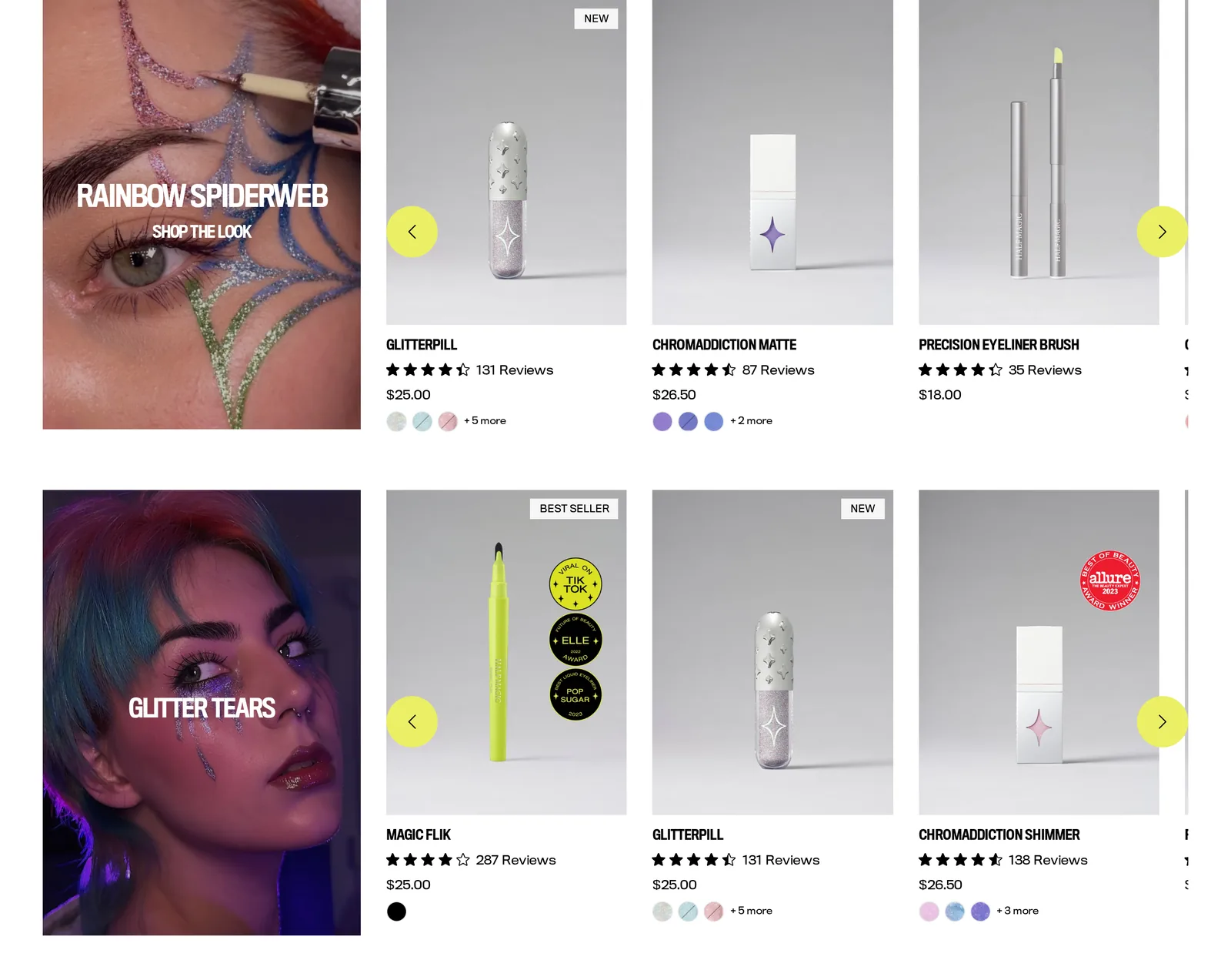 Half Magic Halloween collection rows for Rainbow Spiderweb and Glitter Tears, each a face photo labeled Shop the look next to the products used, including Glitterpill at $25, Chromaddiction Matte at $26.50 and a Precision Eyeliner Brush at $18