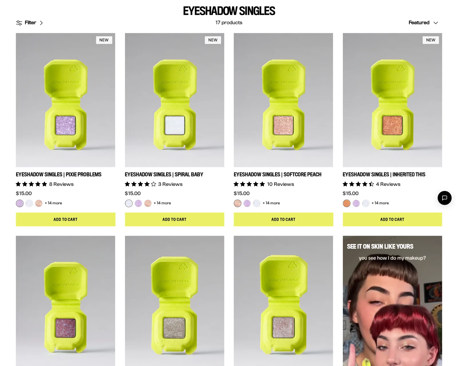 Half Magic Eyeshadow Singles collection page with lime green compacts at $15 each, labeled Pixie Problems, Spiral Baby, Softcore Peach, Inherited This, Blushing Lizard, Possessed Pearl and Sparkle Puff
