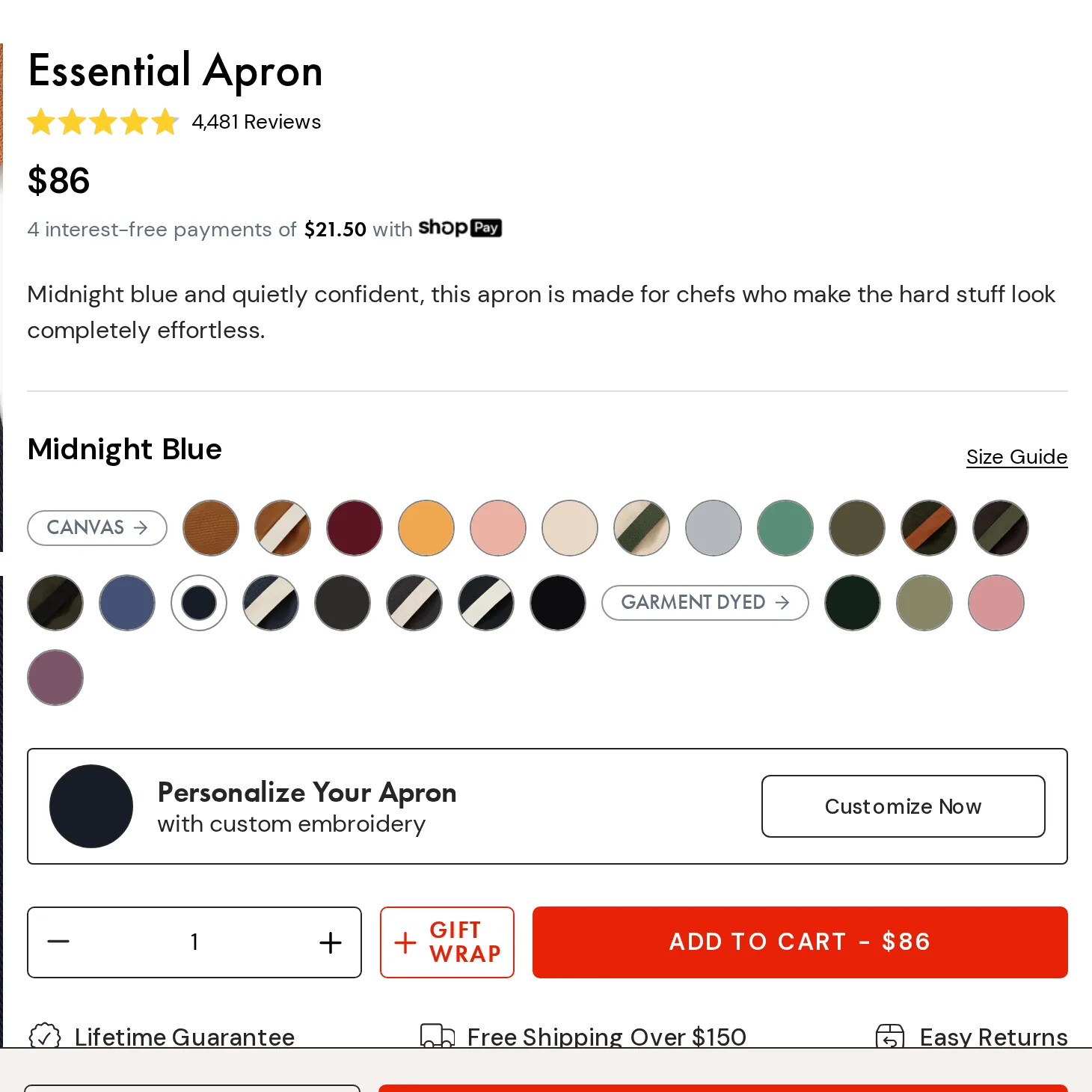 Midnight Blue Essential Apron buy box with a 4.8 star rating from 4,481 reviews, a price of $86, a row of color swatches, a Personalize Your Apron option and an Add to Cart button