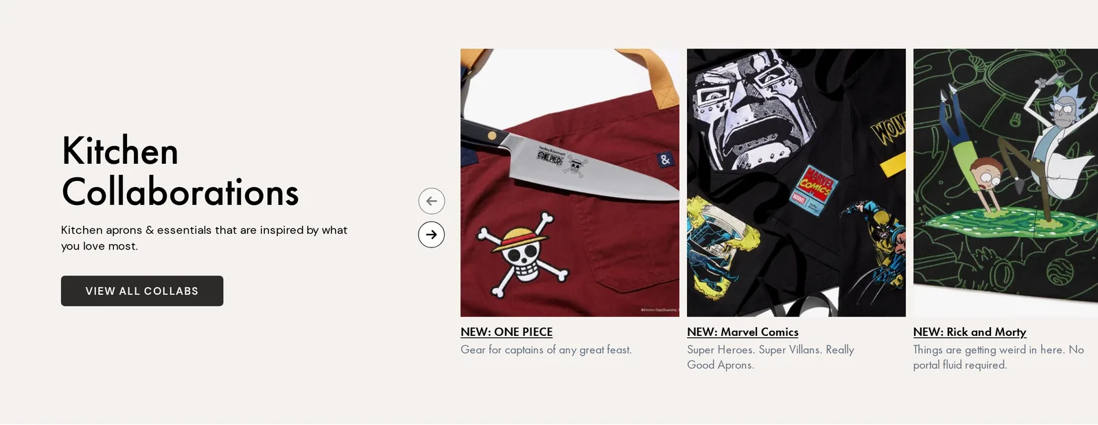 Hedley & Bennett homepage row headed Kitchen Collaborations, with tiles for New ONE PIECE, New Marvel Comics and New Rick and Morty, each with a short line of copy