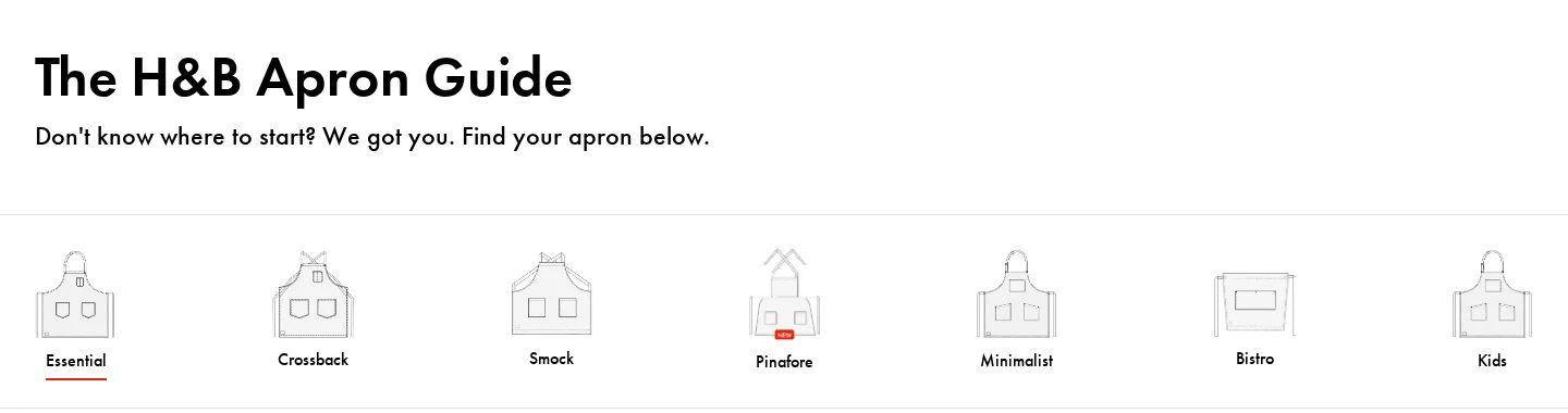 Header of The H&B Apron Guide page reading Don't know where to start? We got you. Find your apron below, with drawings of seven aprons: Essential, Crossback, Smock, Pinafore, Minimalist, Bistro and Kids