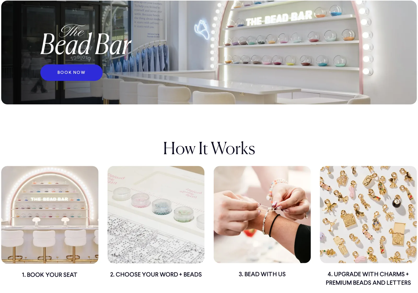 The Bead Bar page with a photo of a white bar lined with jars of colorful beads under a neon sign reading The Bead Bar, a Book Now button, and a How It Works row: 1. Book your seat, 2. Choose your word plus beads, 3. Bead with us, 4. Upgrade with charms plus premium beads and letters