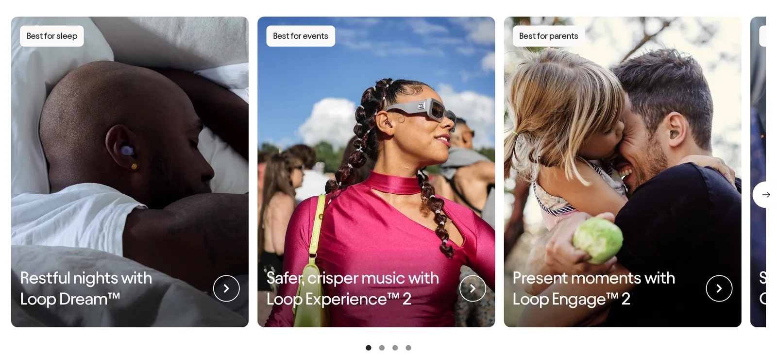 Loop homepage row of photo cards labeled Best for sleep with Restful nights with Loop Dream, Best for events with Safer, crisper music with Loop Experience 2, and Best for parents with Present moments with Loop Engage 2