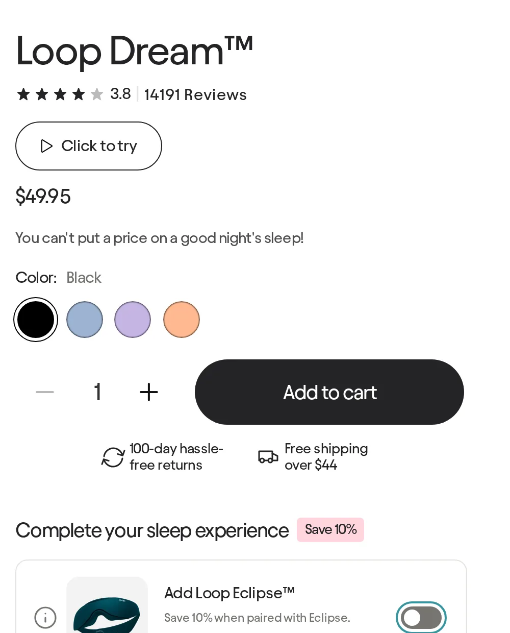 Loop Dream buy box with the price of $49.95, a 3.8 rating from 14,191 reviews, color options, Add to cart, and a Complete your sleep experience offer for Loop Eclipse at 10 percent off