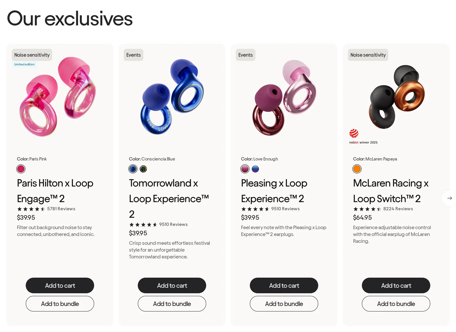 Loop homepage row headed Our exclusives with product cards for Paris Hilton x Loop Engage 2 in pink at $39.95, Tomorrowland x Loop Experience 2 at $39.95, Pleasing x Loop Experience 2 at $39.95 and McLaren Racing x Loop Switch 2 at $64.95
