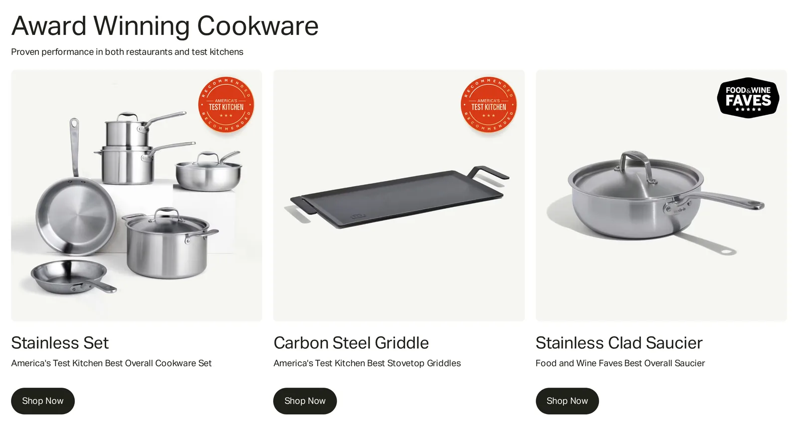 Made In homepage block titled Award Winning Cookware with three products and their award lines from America’s Test Kitchen and Food and Wine