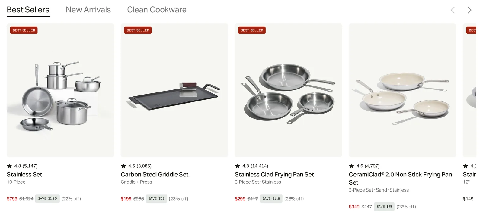 Made In homepage best seller cards showing star ratings, review counts, prices, compare-at prices and savings for the Stainless Set, Carbon Steel Griddle Set and other products