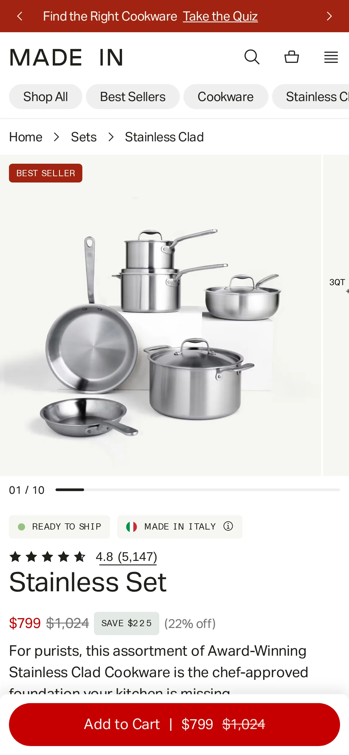 Made In product page on a phone with the set photo, badges, 4.8 stars from 5,147 reviews, the price and a sticky Add to Cart bar showing $799 and $1,024