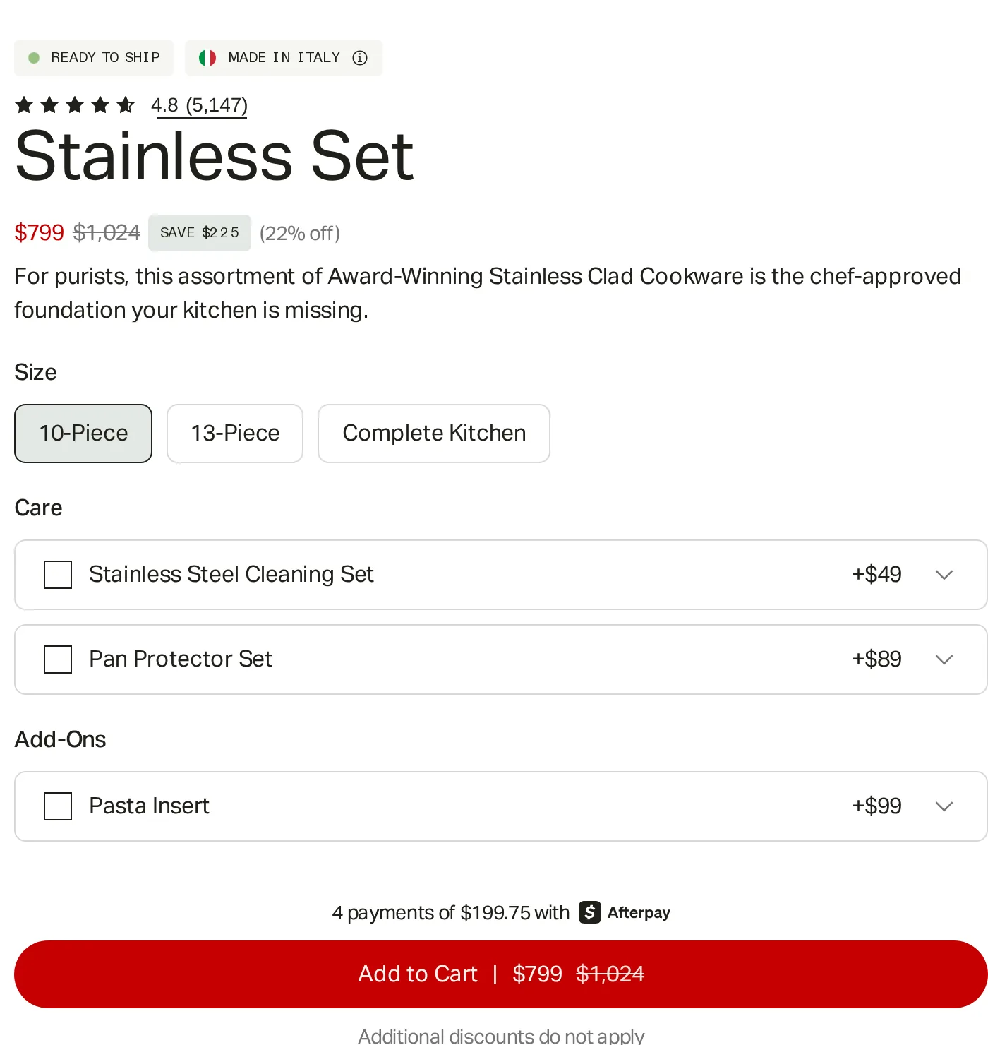 Made In Stainless Set buy box with 4.8 stars from 5,147 reviews, $799 against $1,024, size options, care and add-on checkboxes, Afterpay and a red Add to Cart button