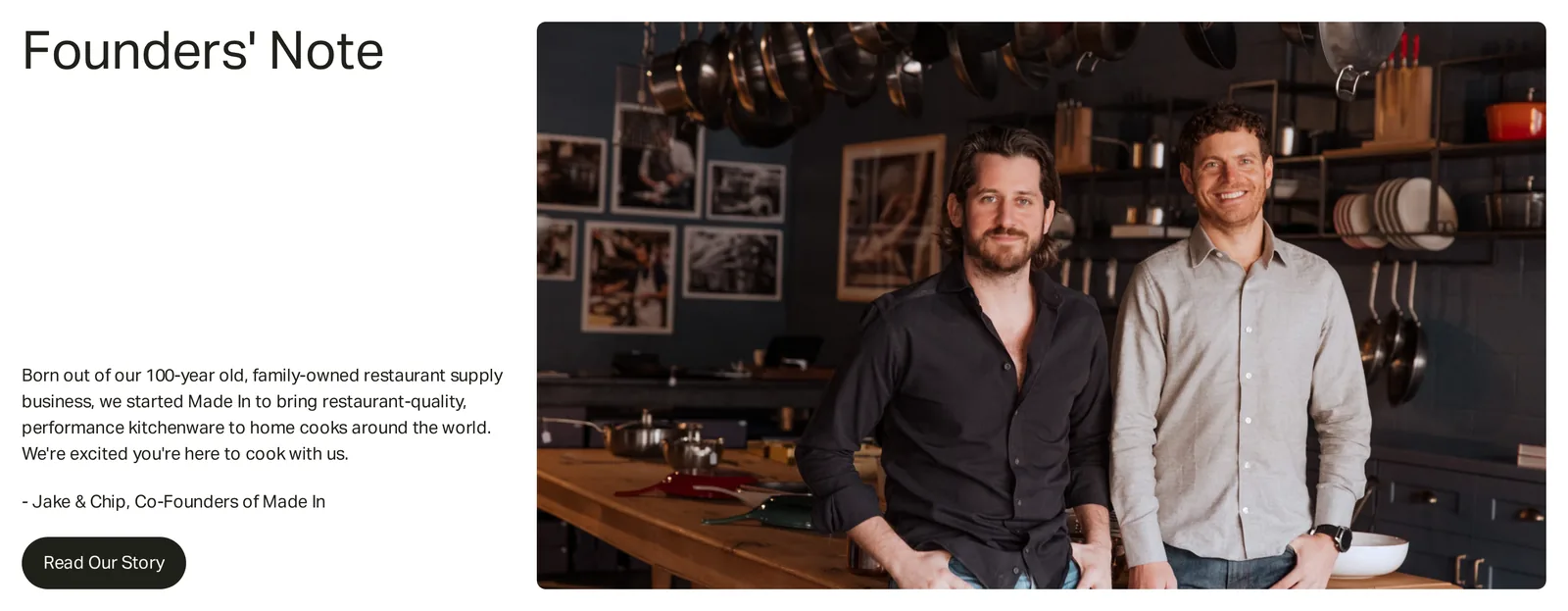 Made In homepage Founders’ Note section with a short paragraph about the family-owned restaurant supply business and a photo of the two co-founders