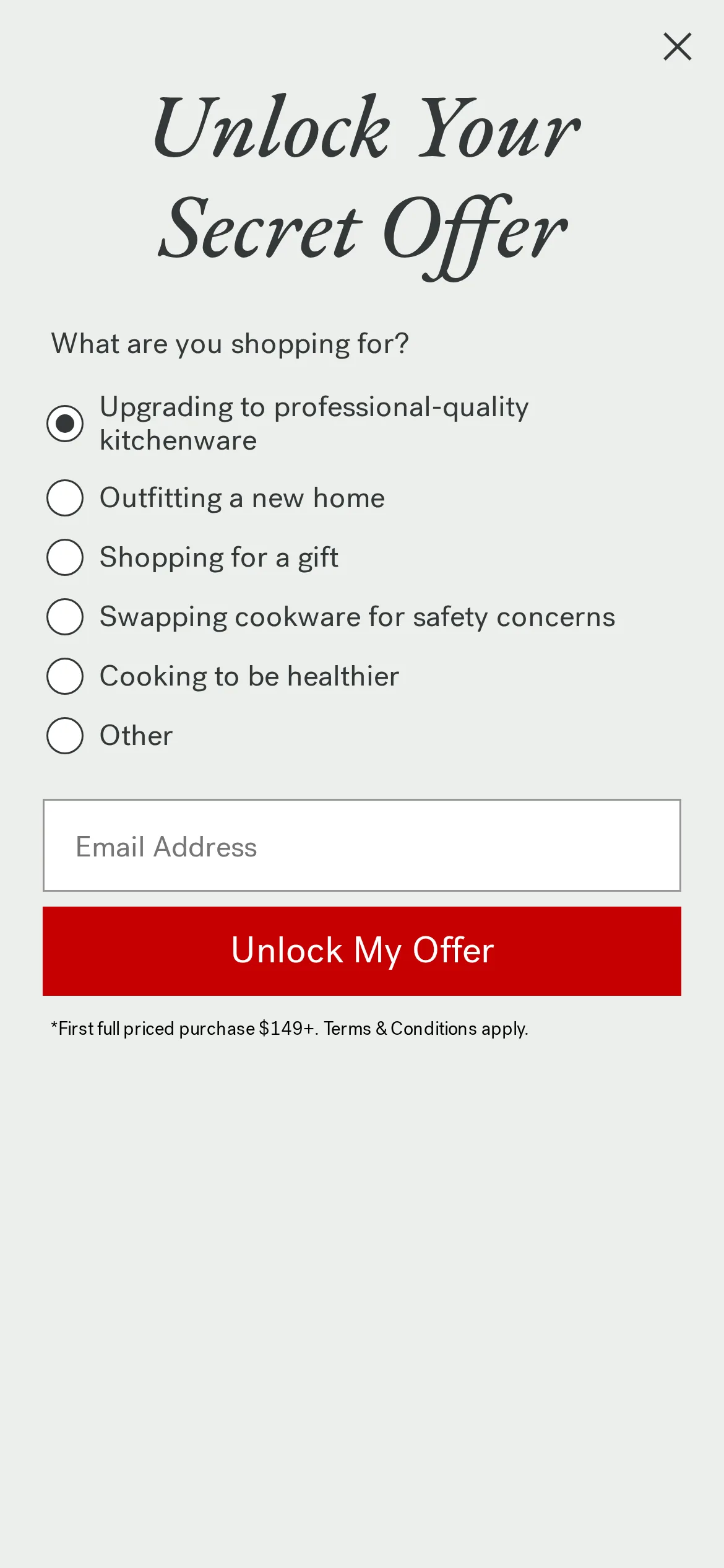 Made In mobile popup reading Unlock Your Secret Offer, What are you shopping for, with six options, an email field and an Unlock My Offer button