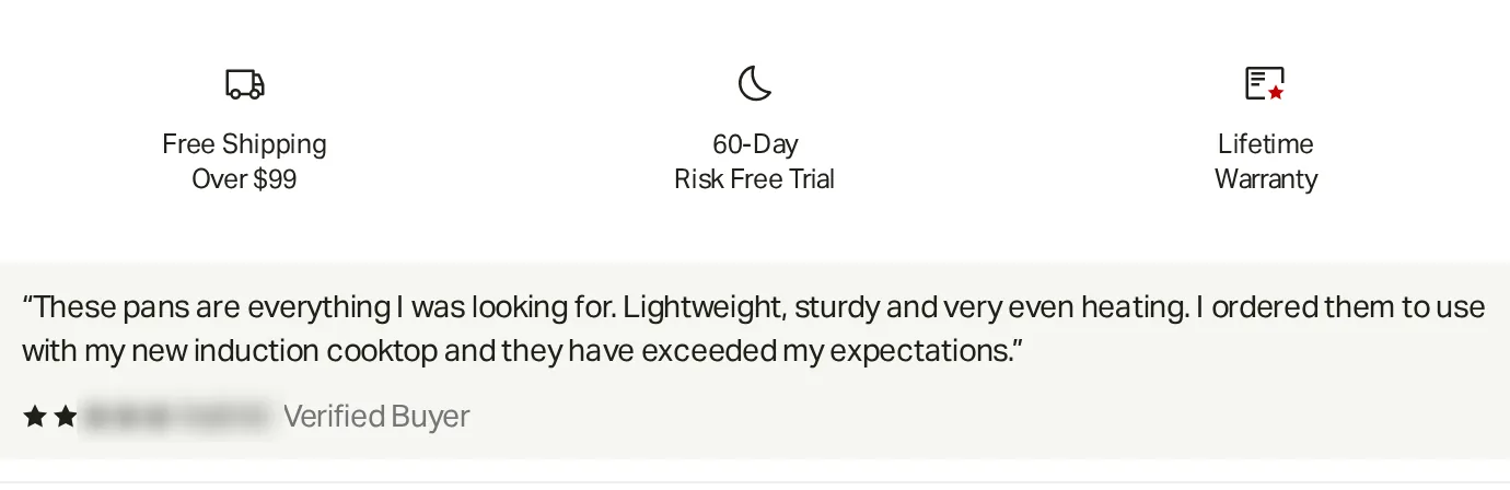Made In product page row reading Free Shipping Over $99, 60-Day Risk Free Trial and Lifetime Warranty, above a short customer quote