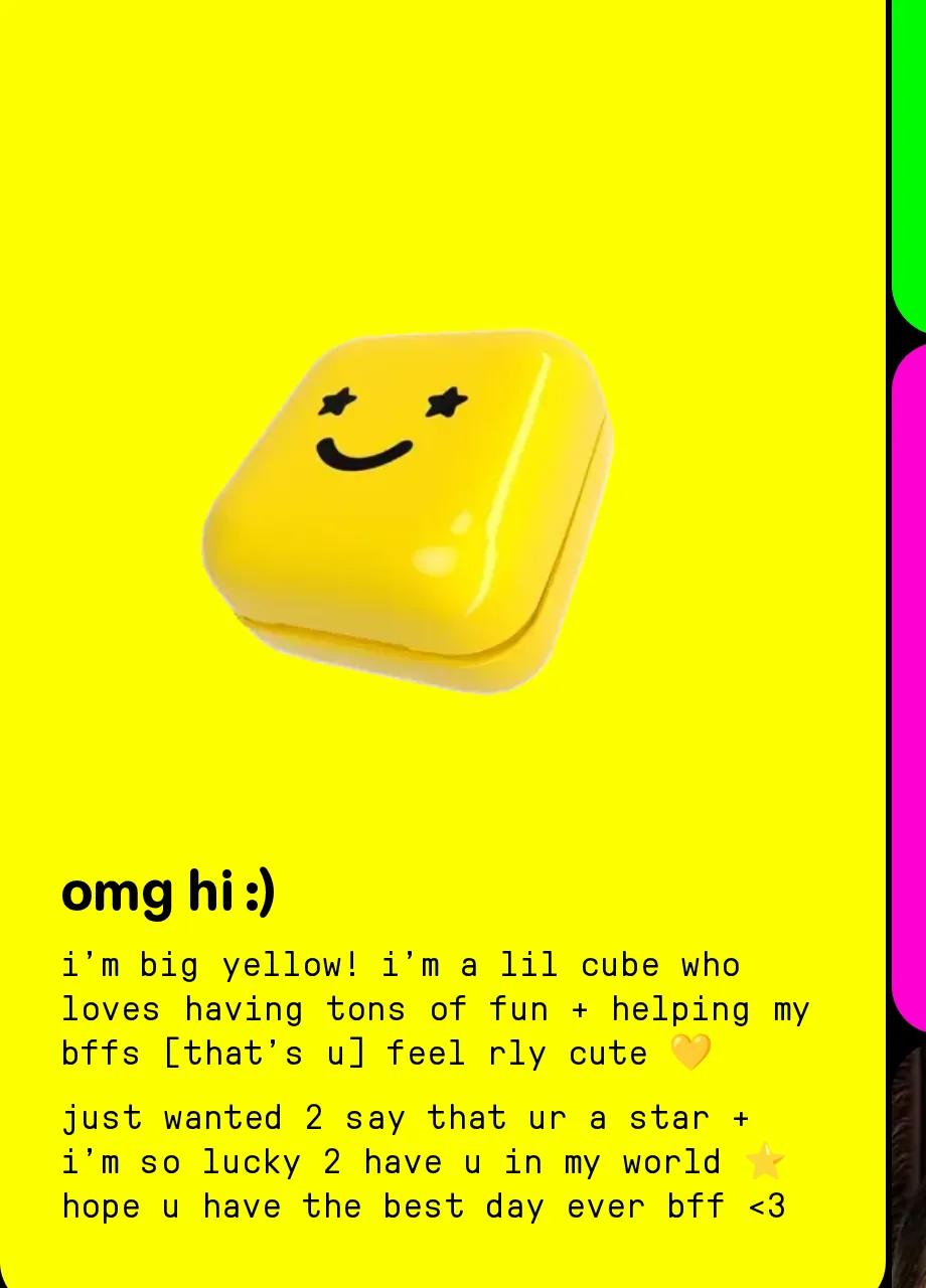 Starface homepage tile with a yellow smiling compact and a note that starts omg hi, i'm big yellow, written in lowercase like a text from a friend