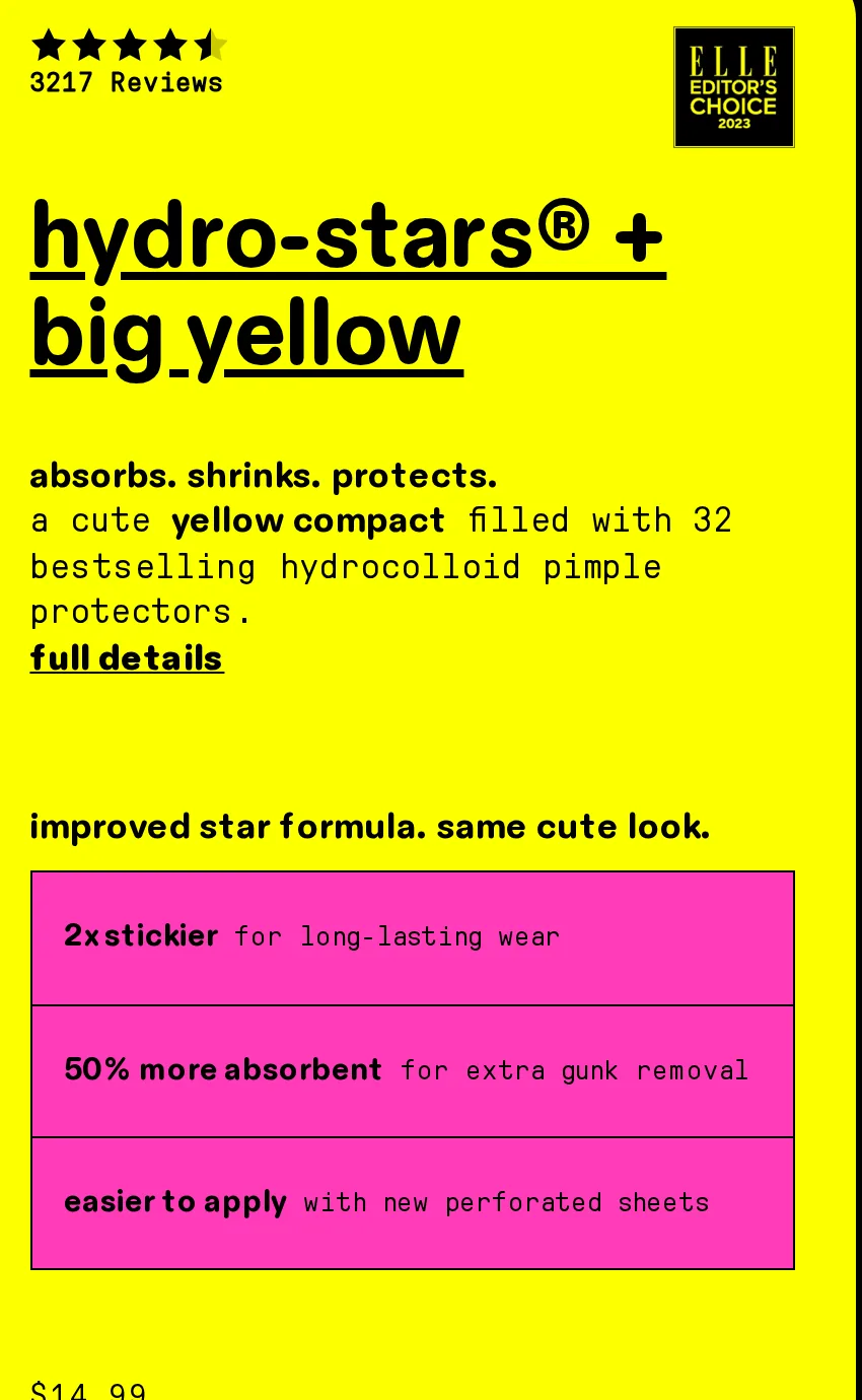 Starface buy box for Hydro-Stars and Big Yellow with 4.5 stars from 3217 reviews, the line absorbs, shrinks, protects, and a pink list headed improved star formula, same cute look: 2x stickier, 50% more absorbent, easier to apply
