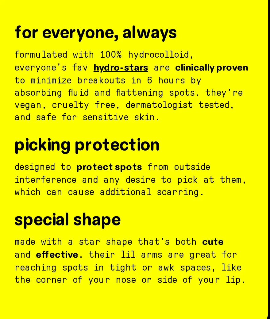 Starface product page tiles headed for everyone, always, picking protection and special shape, explaining the hydrocolloid formula and that the star arms reach tight spots