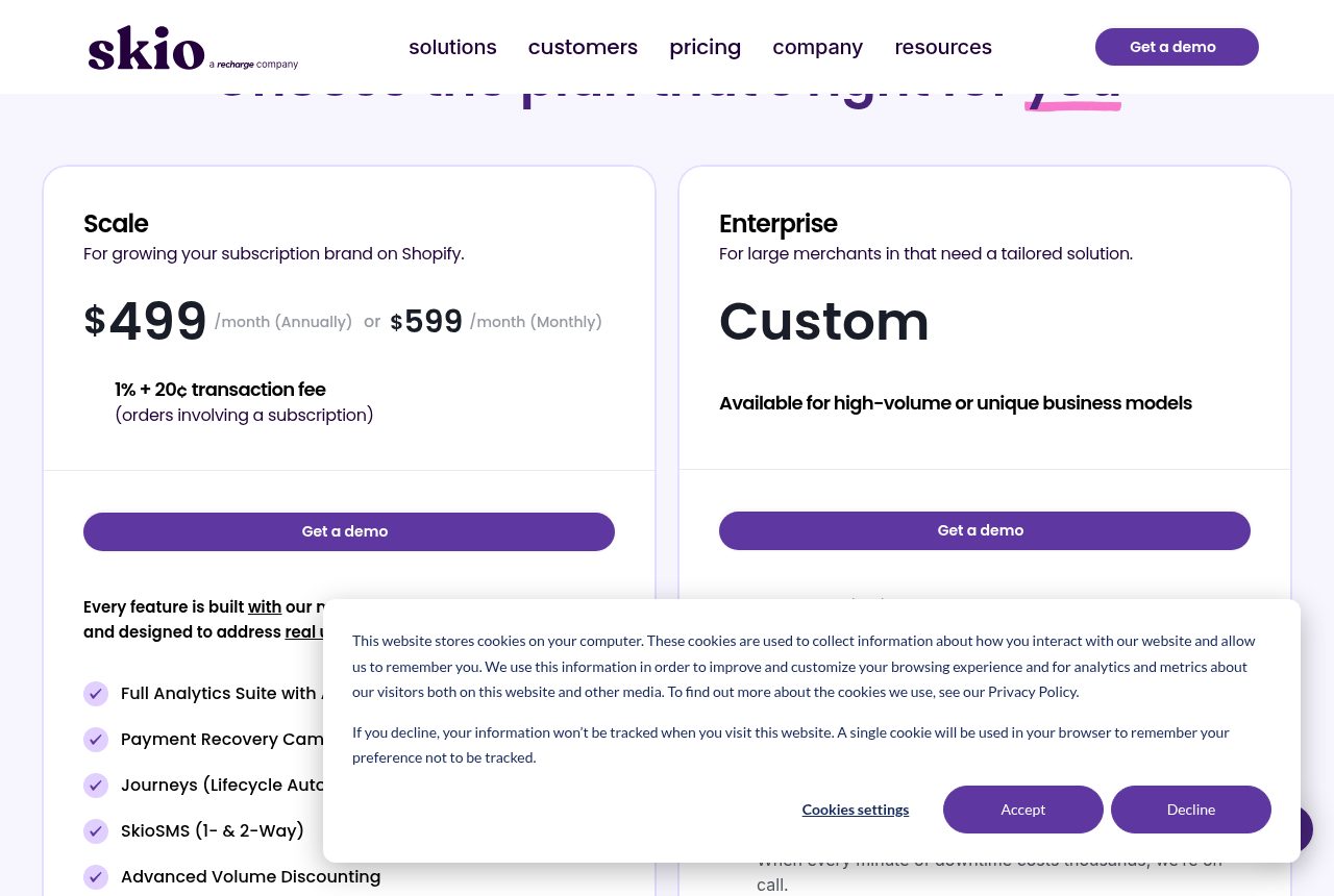 Skio pricing page showing the Scale plan at $499 a month billed yearly or $599 monthly, and a custom Enterprise plan