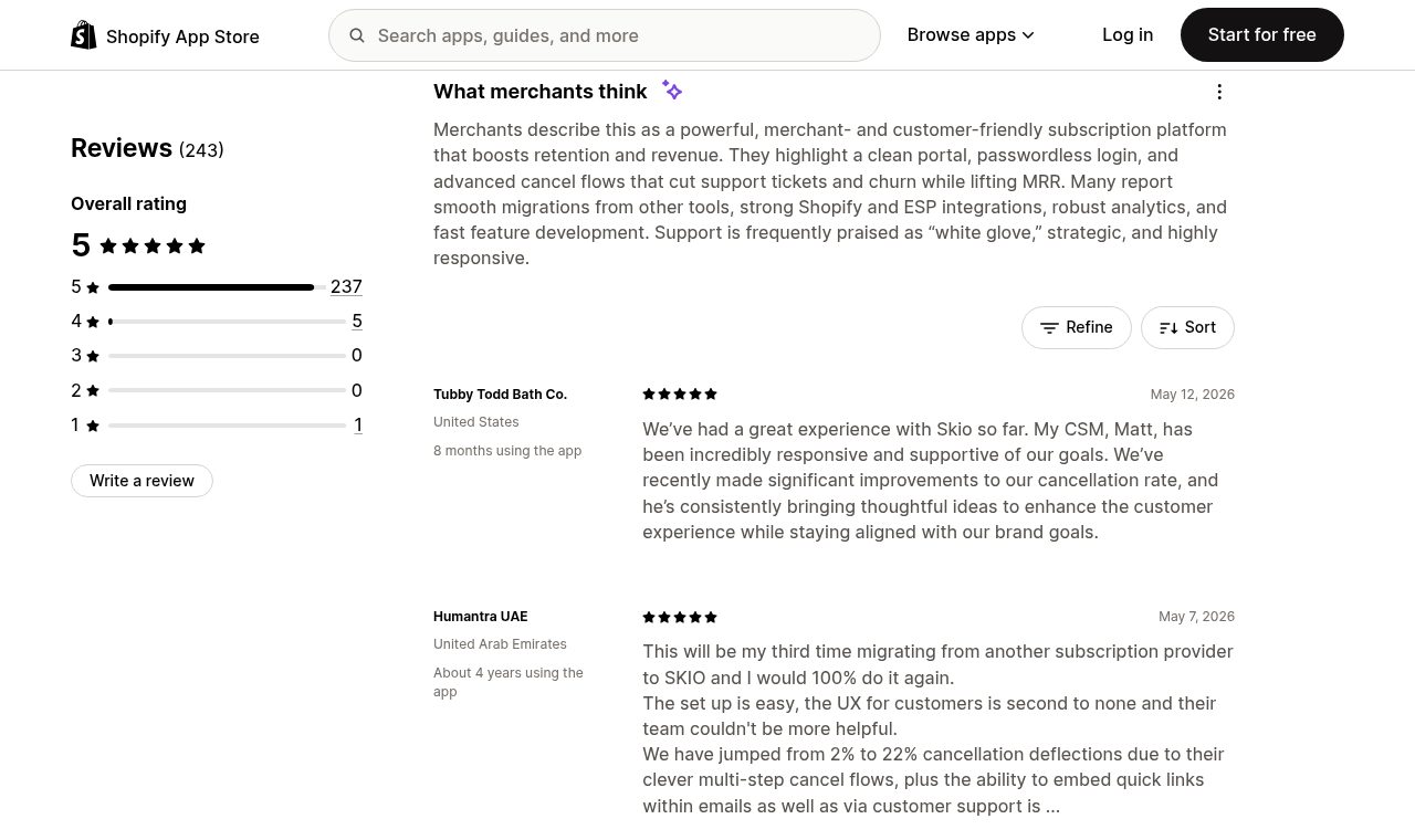 Skio reviews on the Shopify App Store: 5.0 overall from 243 reviews