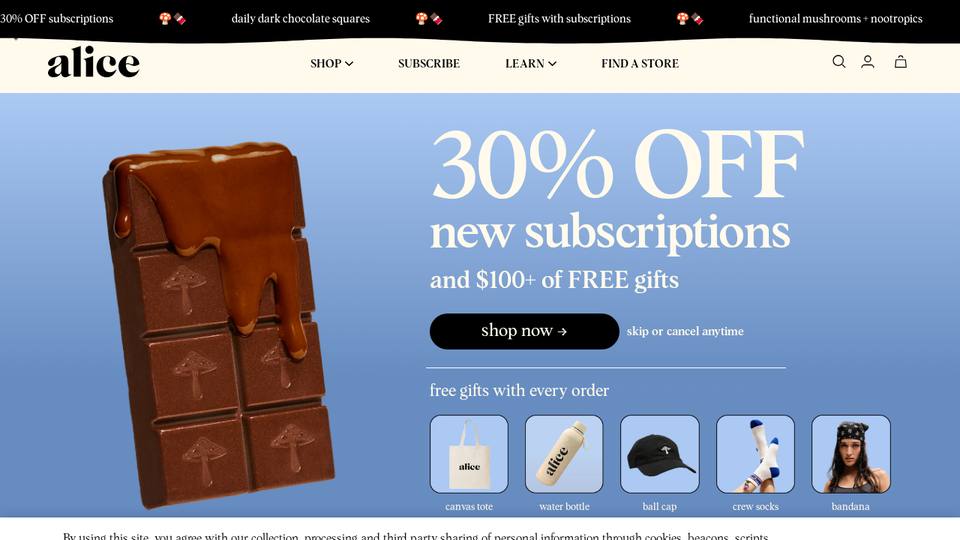 Screenshot of the alice mushrooms homepage
