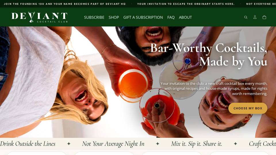 Screenshot of the Deviant Cocktail Club homepage