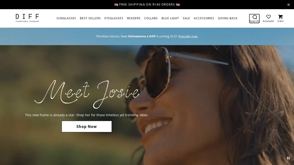 Screenshot of the DIFF Eyewear homepage
