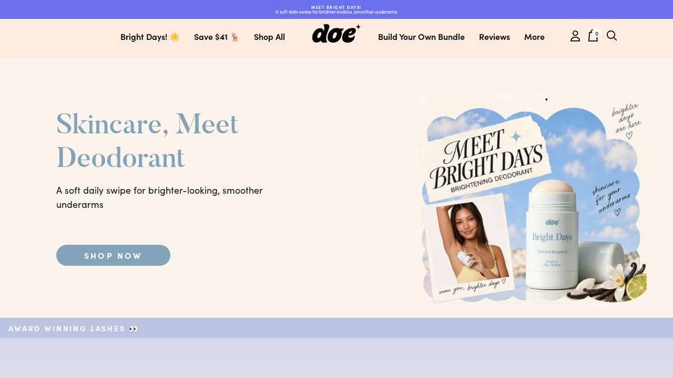 Screenshot of the Doe Beauty homepage