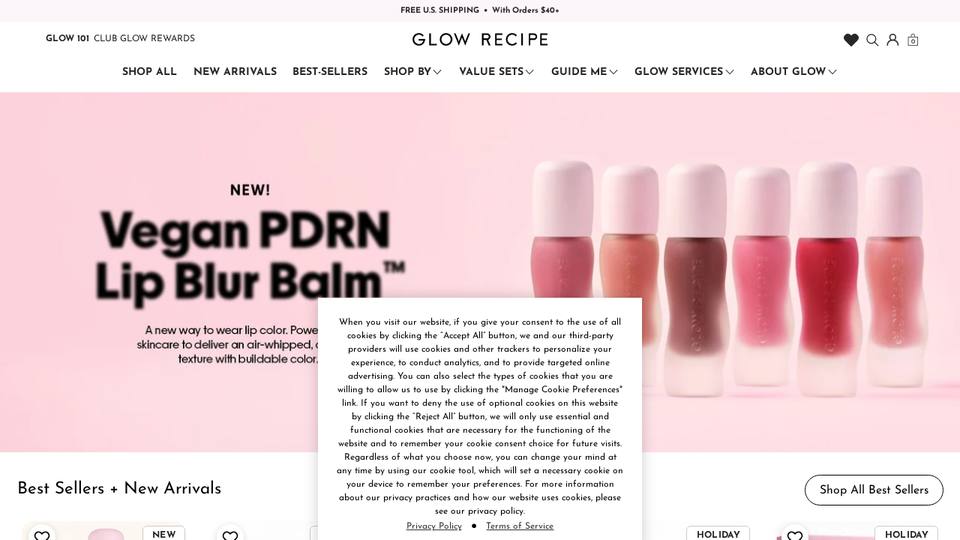 Screenshot of the Glow Recipe homepage