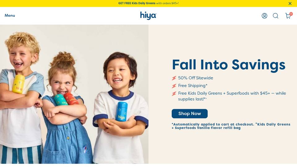 Screenshot of the Hiya homepage