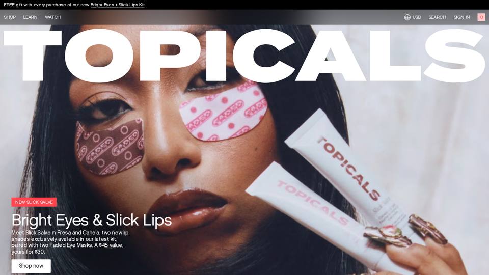 Screenshot of the Topicals homepage