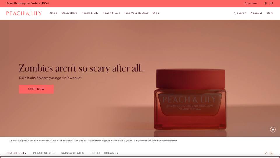 Screenshot of the Peach & Lily homepage