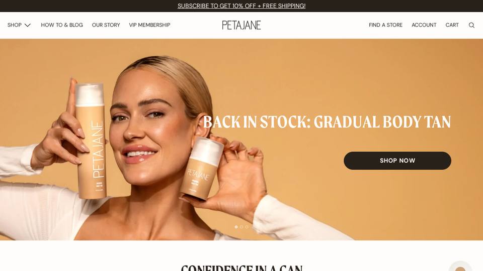 Screenshot of the Peta Jane Beauty homepage