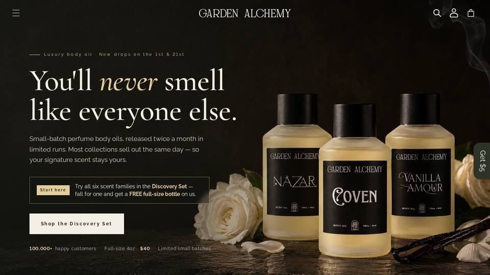Screenshot of the Garden Alchemy homepage