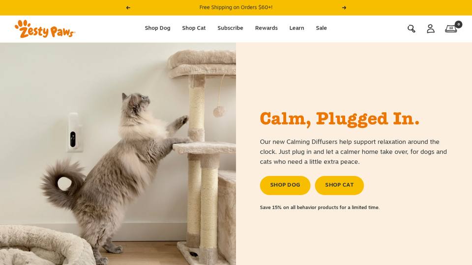 Screenshot of the Zesty Paws homepage