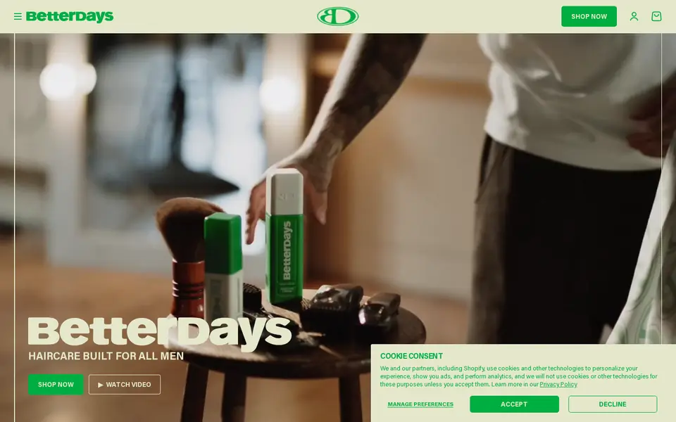 BetterDays Hair homepage, opening on “Haircare built for all men”, captured Oct 9, 2026