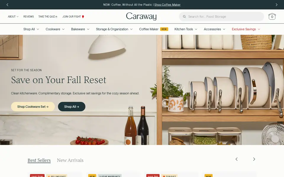 Caraway homepage, opening on “Save on Your Fall Reset”, captured Oct 9, 2026