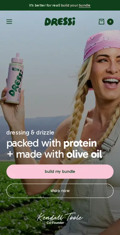 Dressi homepage on mobile, opening on “Packed with protein + made with olive oil”, captured Oct 9, 2026