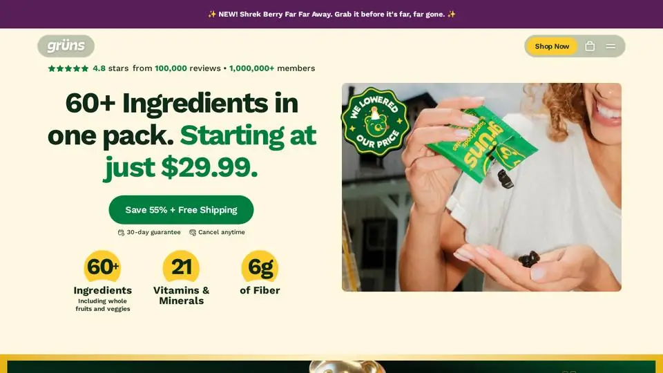 Grüns homepage, opening on “60+ Ingredients in one pack”, captured Oct 9, 2026