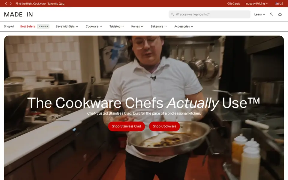 Made In homepage, opening on “The Cookware Chefs Actually Use”, captured Oct 9, 2026